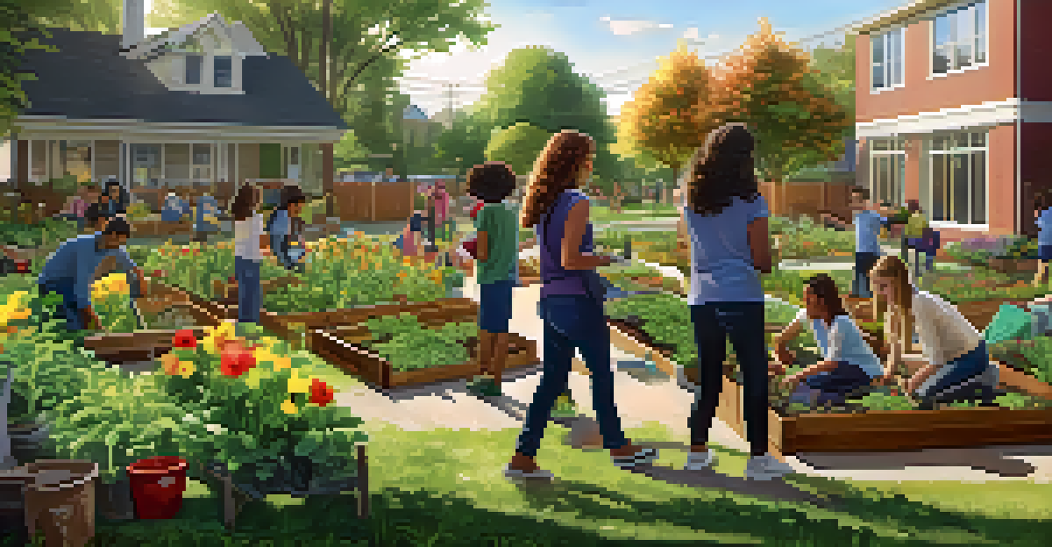 Students planting vegetables in a community garden, interacting with local residents and surrounded by greenery.