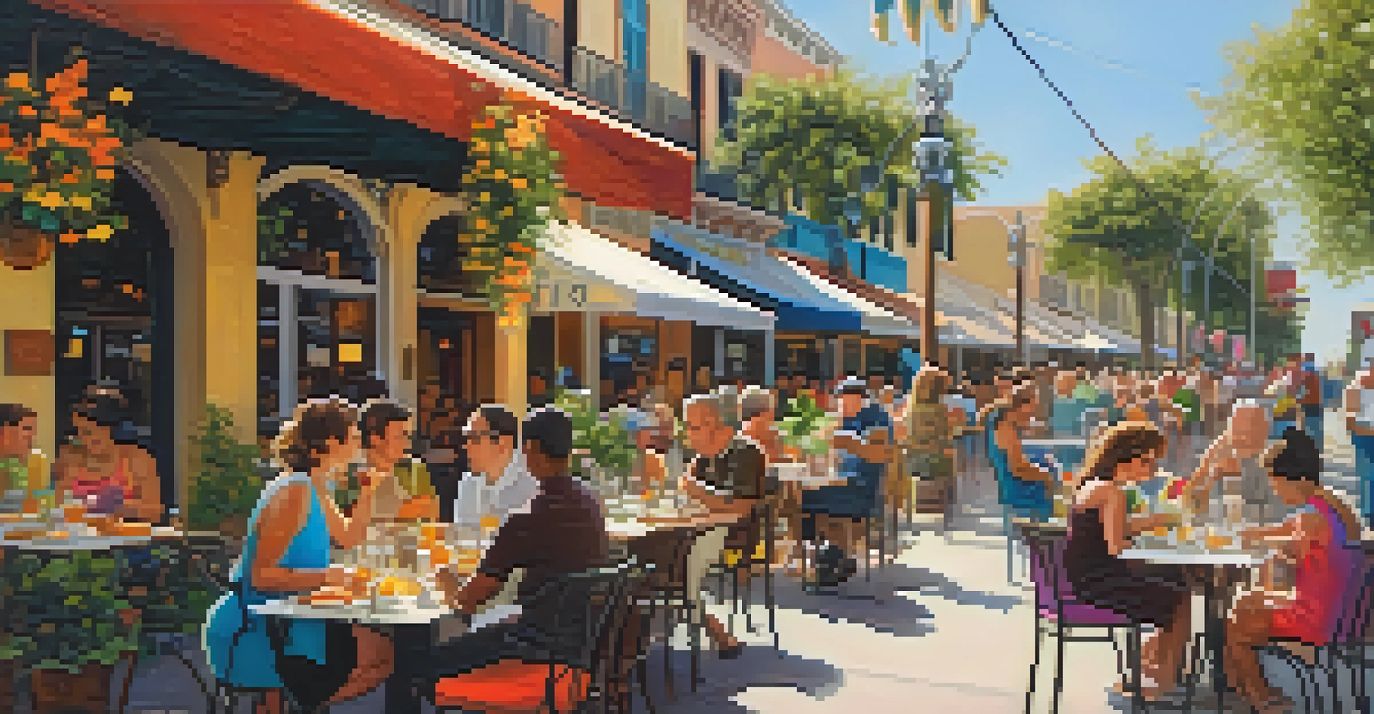 An outdoor cafe in Orlando filled with people enjoying meals, with flowers and sunlight creating a lively scene.