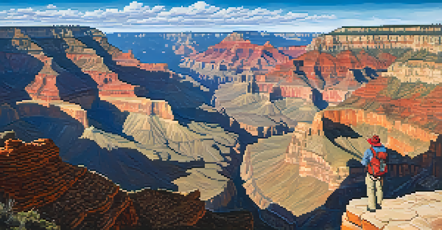 A hiker captures a panoramic view of the Grand Canyon from the Bright Angel Trail, with vibrant rock formations.