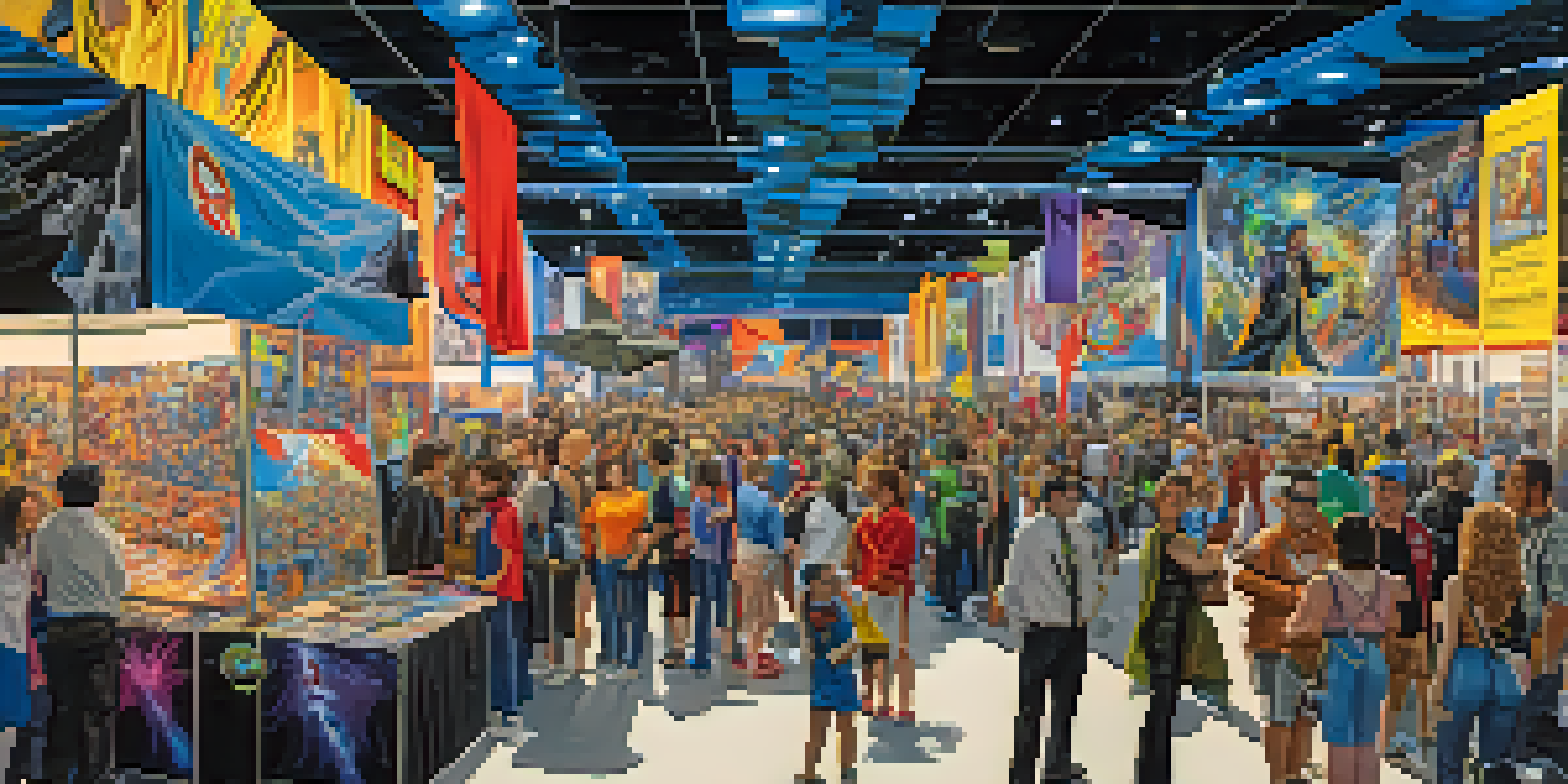 A colorful trade show floor at MegaCon Orlando, with attendees in cosplay and various comic book booths.