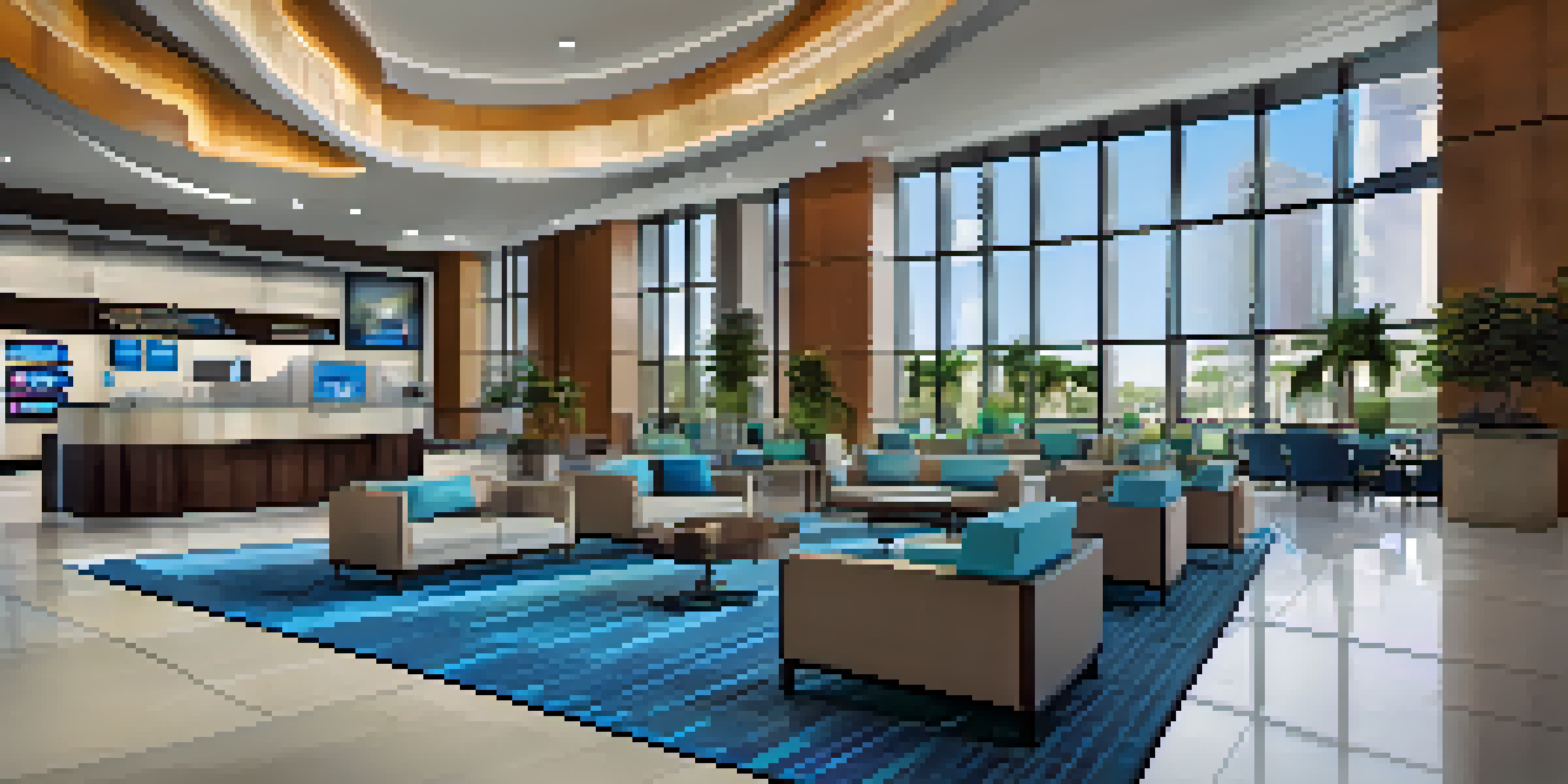 A modern hotel lobby featuring automated check-in kiosks and digital displays, with comfortable seating and a view of the Orlando cityscape.