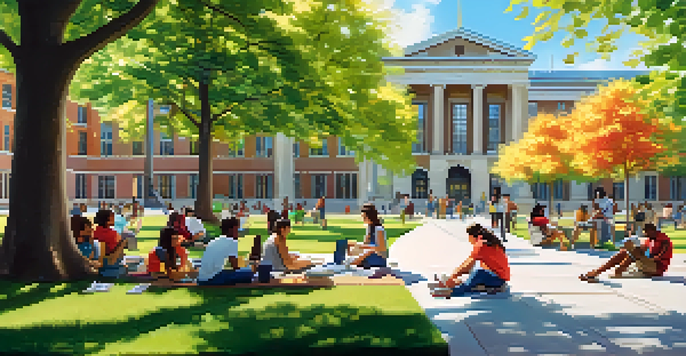 A lively university campus with diverse students collaborating outdoors under a sunny sky.