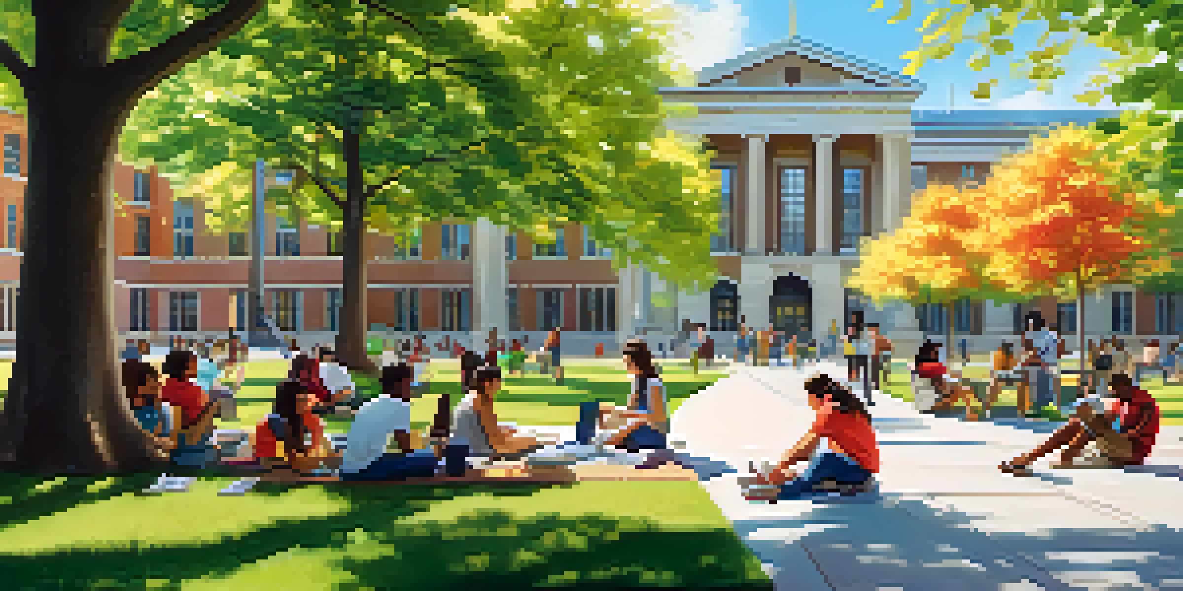 A lively university campus with diverse students collaborating outdoors under a sunny sky.