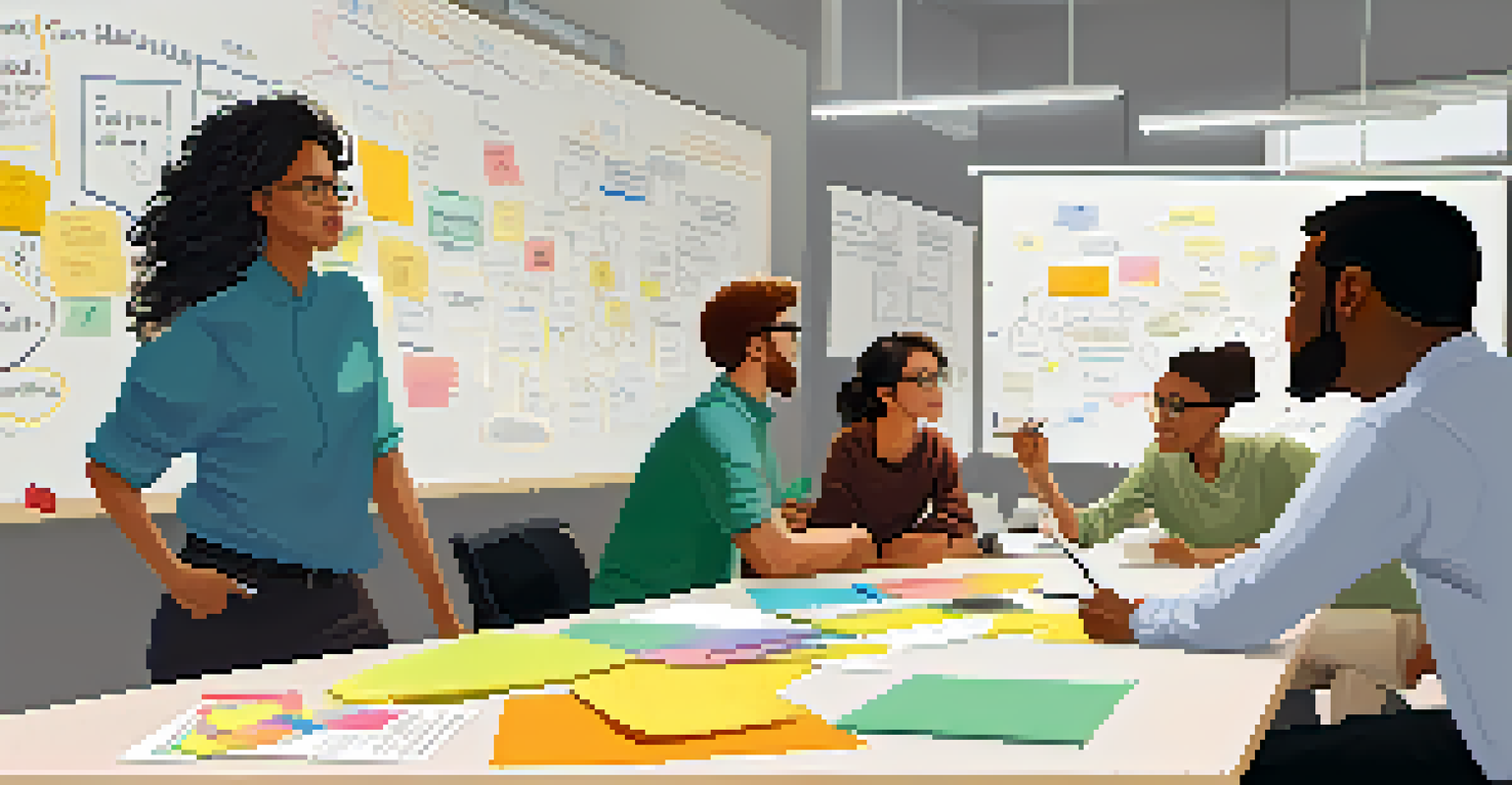 A diverse group of students in a meeting, brainstorming ideas around a table filled with laptops and notes.