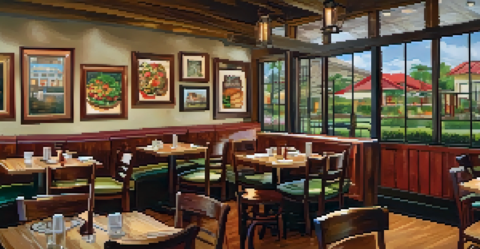 The cozy interior of a family-owned restaurant in Orlando with wooden tables, family photos, and a home-cooked meal on display.