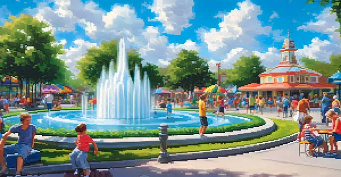 Families enjoying a sunny day at a theme park with children playing by a water fountain and parents relaxing on benches.