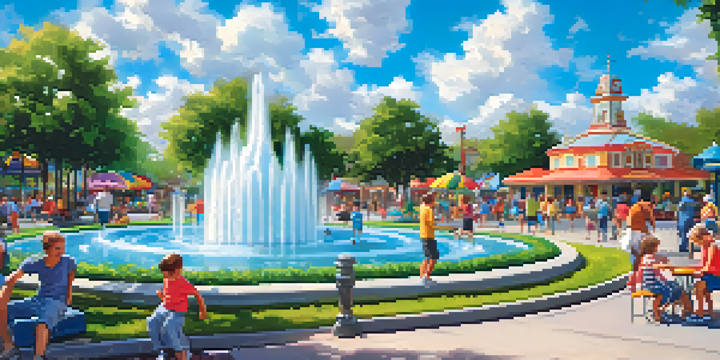 Families enjoying a sunny day at a theme park with children playing by a water fountain and parents relaxing on benches.