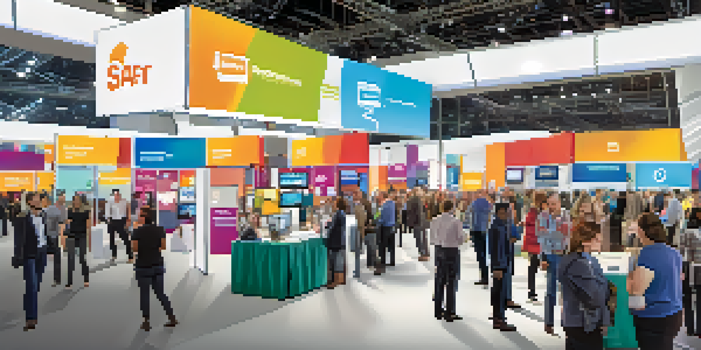 A lively trade show with in-person attendees engaging at booths and virtual participants on screens, showcasing a blend of physical and digital interactions.