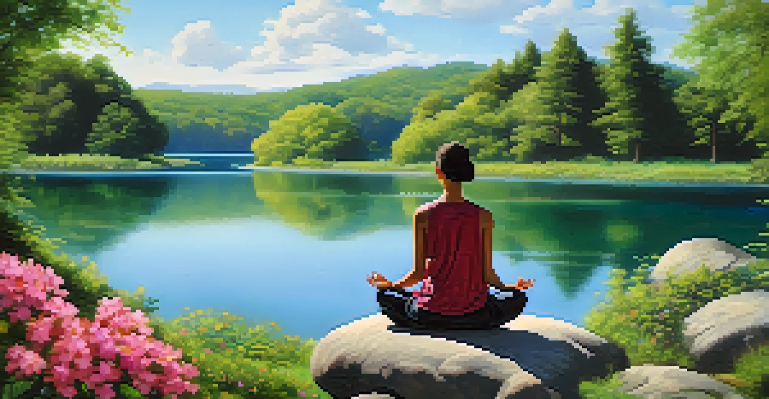 A person meditating by a calm lake surrounded by greenery and flowers.