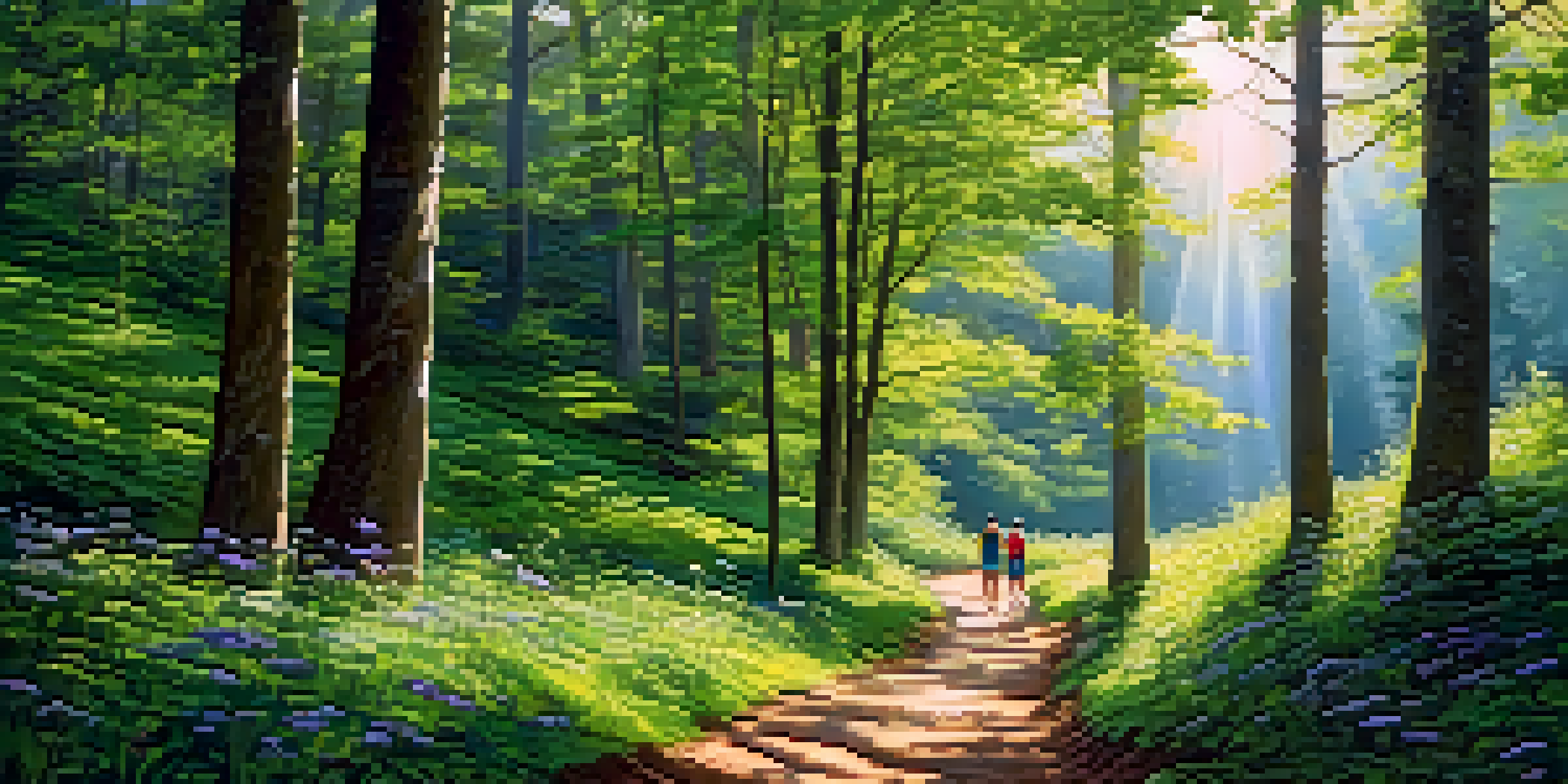 A hiking trail in a green forest with sunlight filtering through the trees and hikers in the distance.