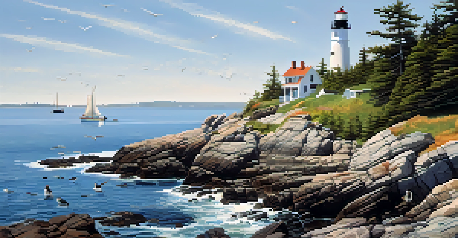 A scenic view of a lighthouse on the Maine coast with seals on the rocks and puffins in the sky.