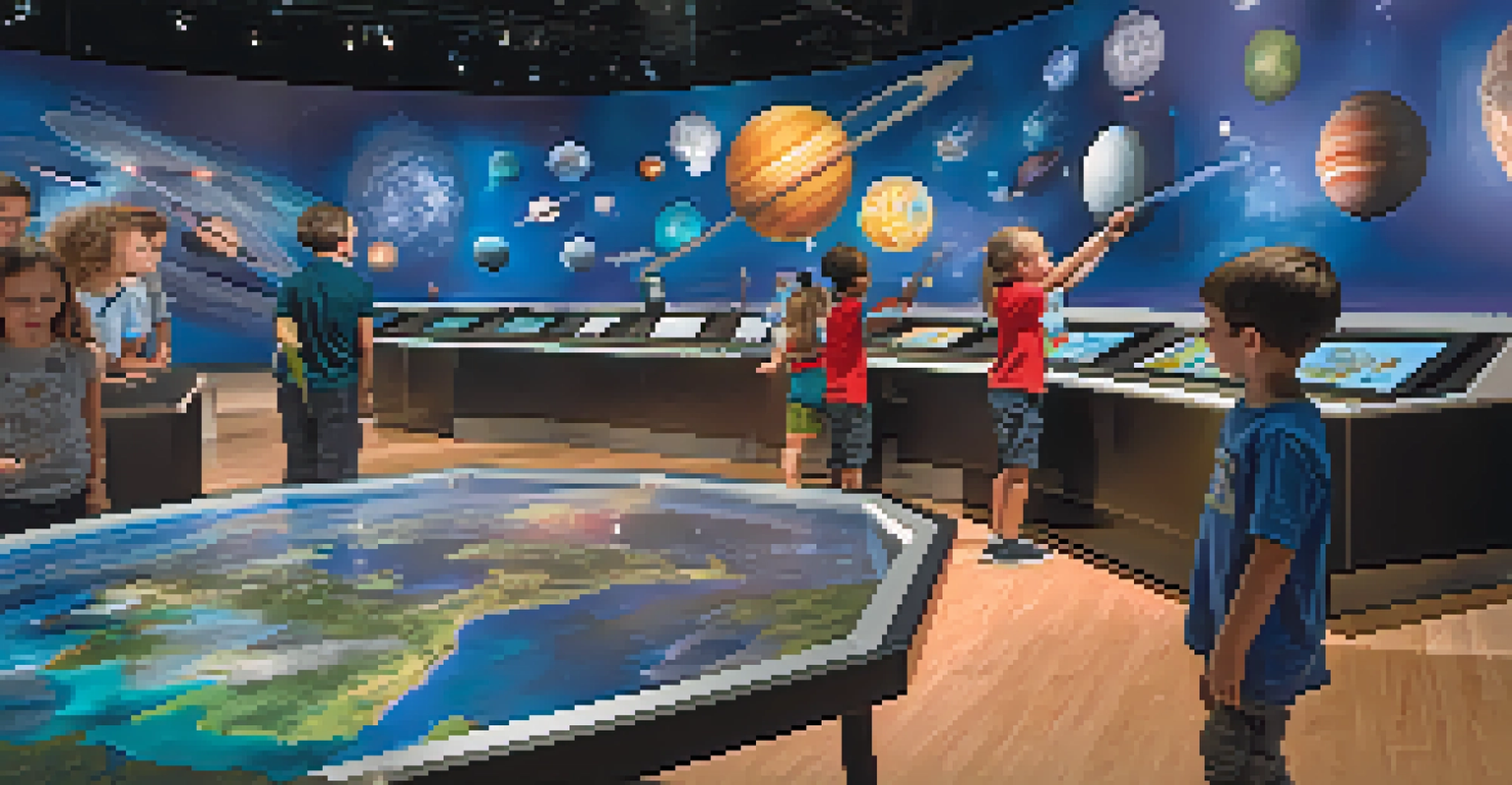 Children exploring interactive exhibits at the Orlando Science Center, surrounded by colorful educational displays and a planetarium dome.