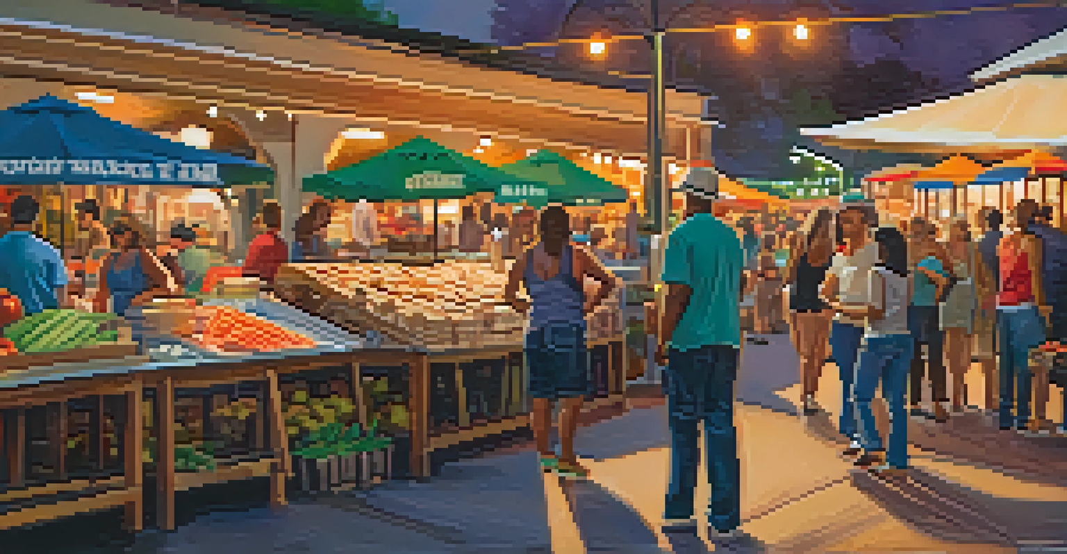 A lively marketplace with colorful stalls and people enjoying food at East End Market in Orlando.