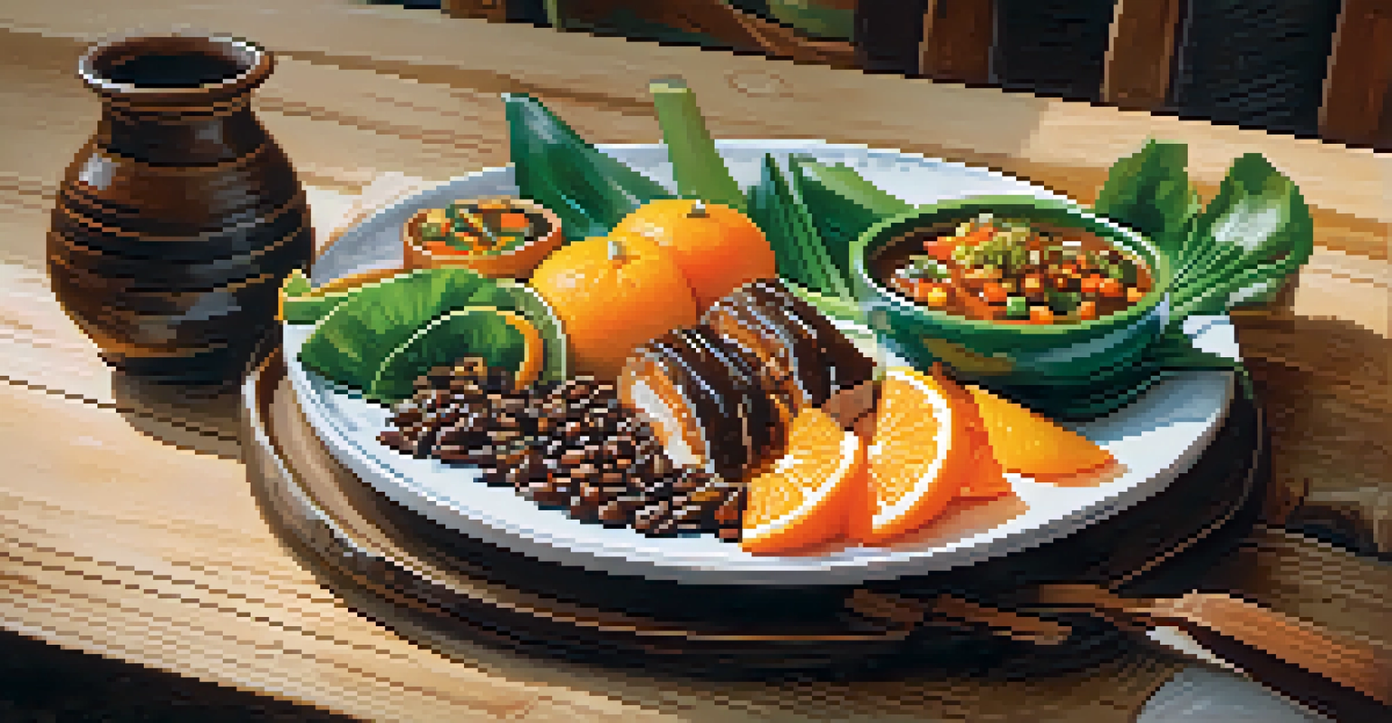 A colorful fusion dish combining Latin and Asian flavors, artistically arranged on a rustic wooden table.
