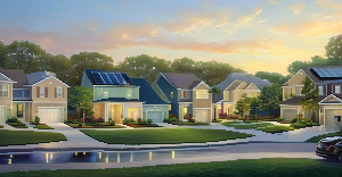 A modern suburban neighborhood in Orlando with eco-friendly homes, solar panels, and lush green parks under golden sunlight.