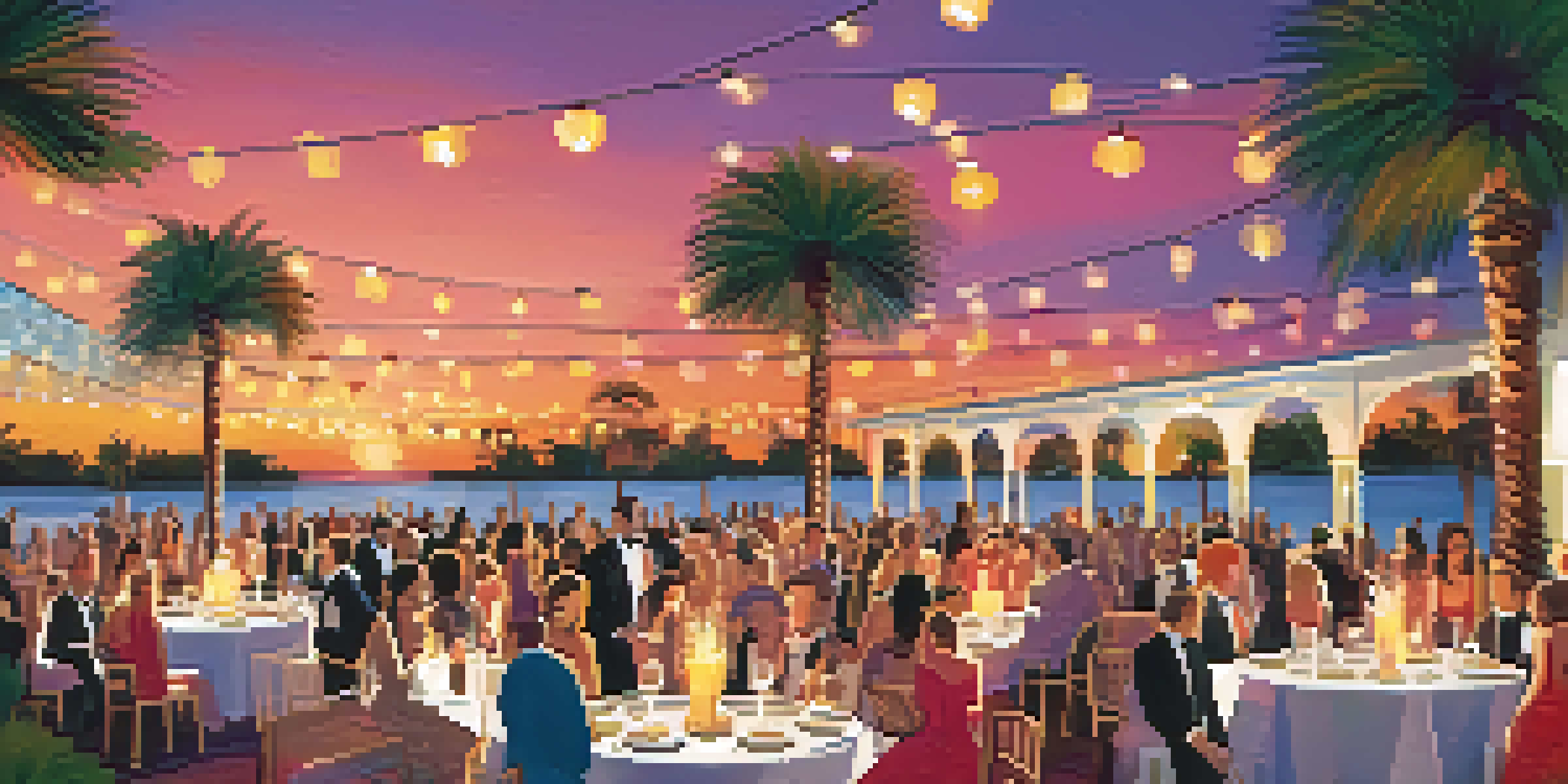 An outdoor corporate gala in Orlando by the pool, with attendees mingling under string lights and palm trees in the background during sunset.