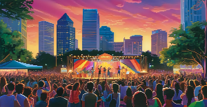A lively outdoor concert with people dancing, a band on stage, and colorful lights illuminating the scene.