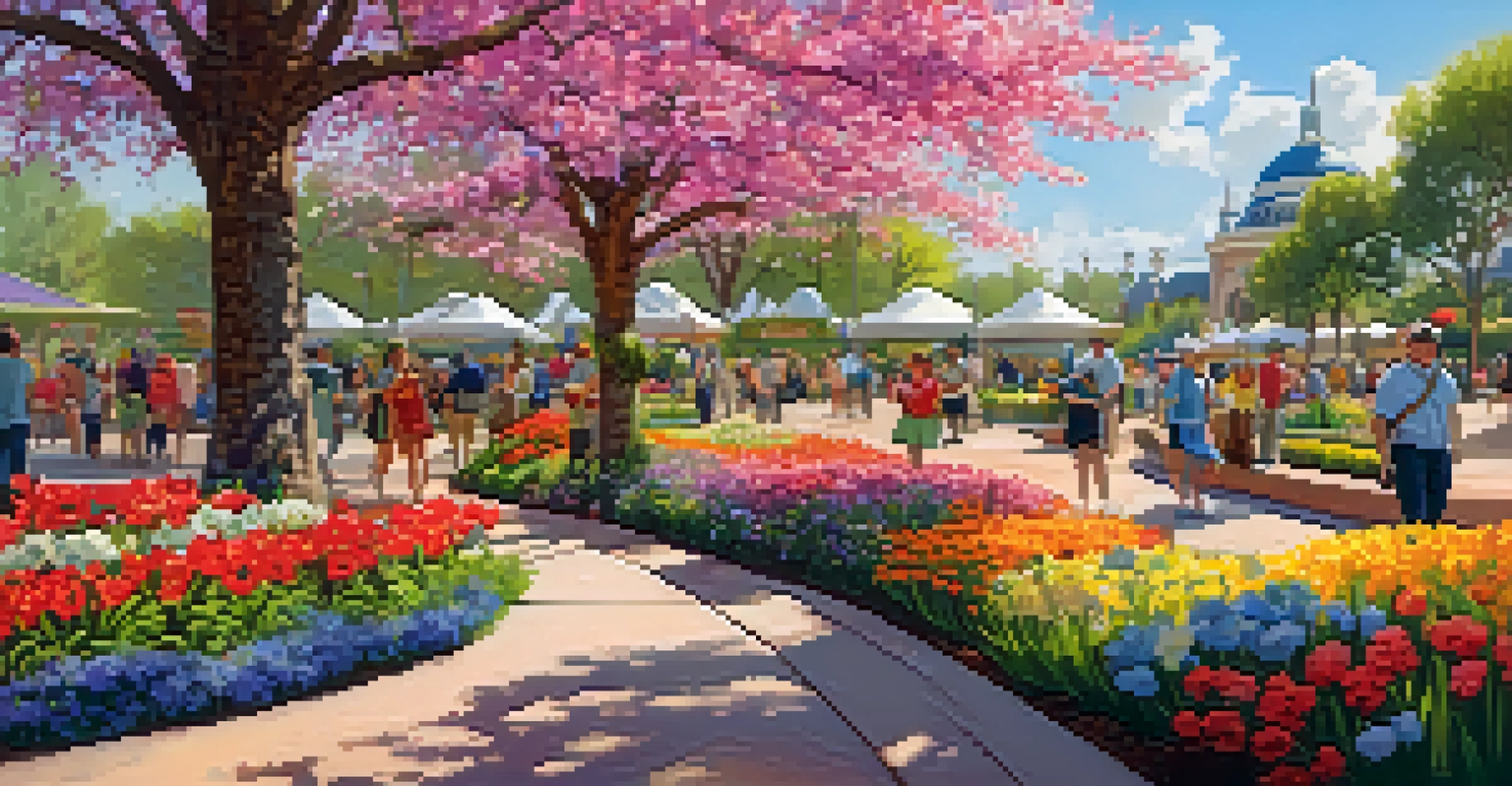 A colorful spring garden filled with blooming flowers at the Epcot International Flower & Garden Festival, with visitors enjoying the scenery and food stalls.