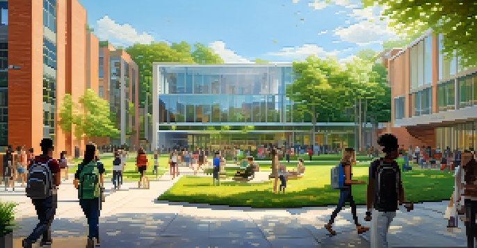 A modern university campus with students walking and studying, surrounded by greenery and contemporary buildings under warm sunlight.