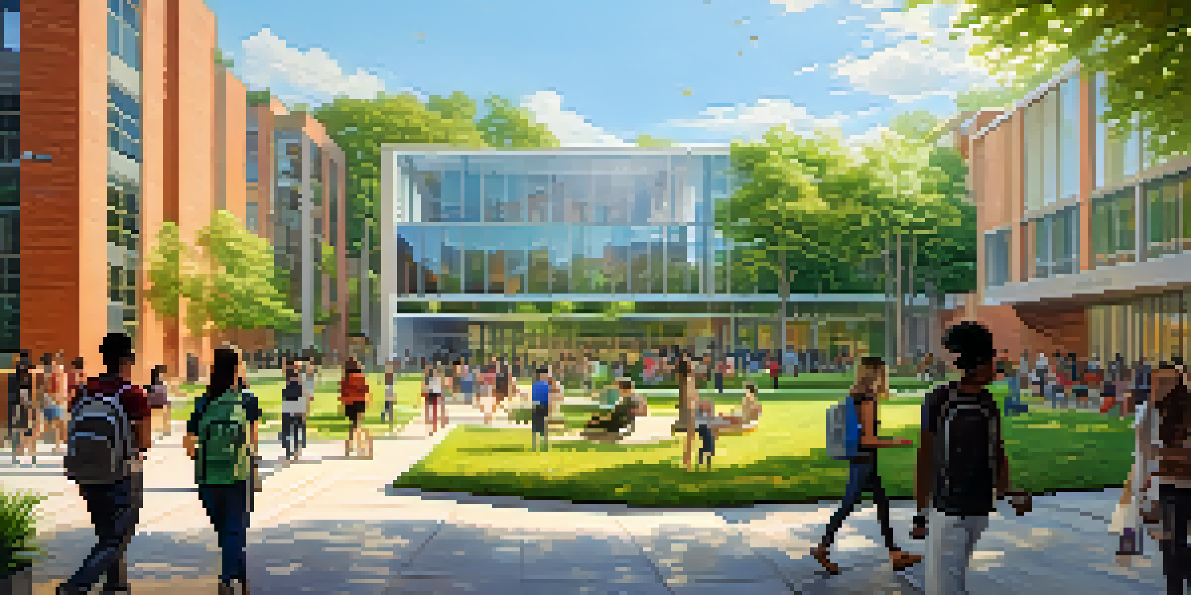 A modern university campus with students walking and studying, surrounded by greenery and contemporary buildings under warm sunlight.