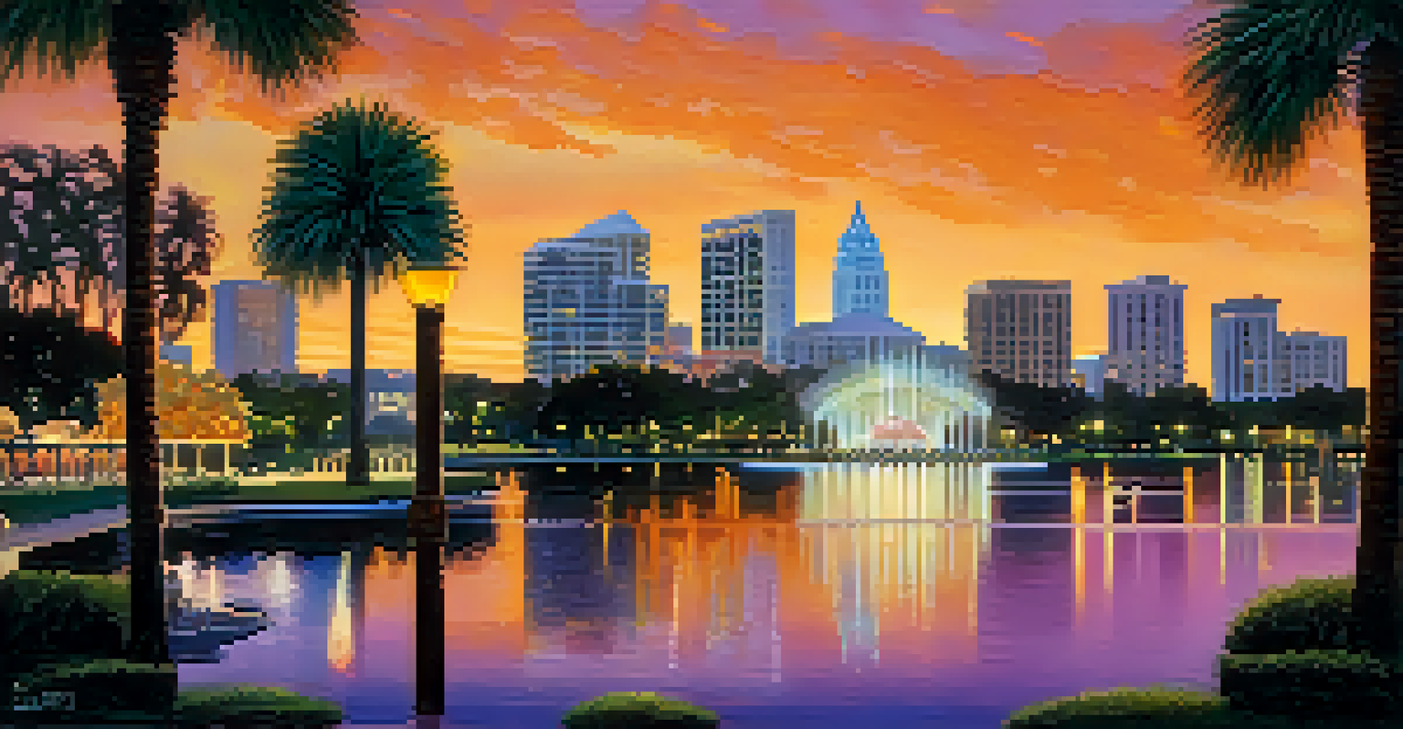The 'Orlando' sign at sunset with people walking by Lake Eola, surrounded by palm trees and flowers.