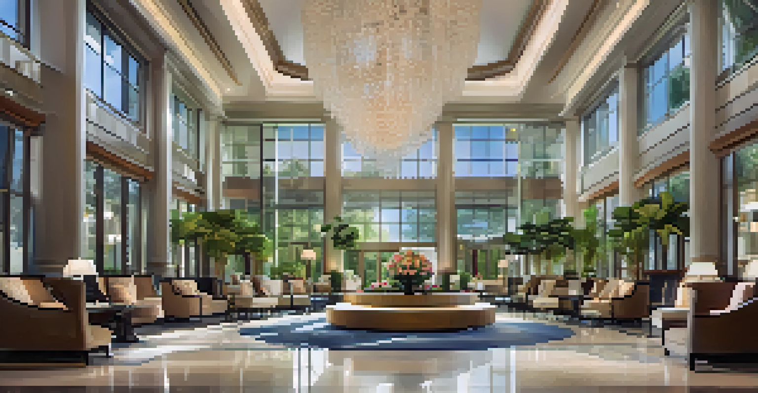 A luxurious hotel lobby in Orlando featuring modern design and plush seating, illuminated by natural light from large windows.