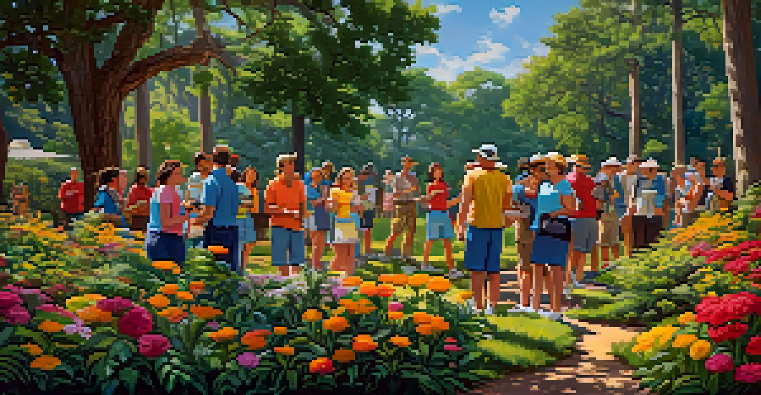 Participants enjoying a scavenger hunt in a lush Orlando park, surrounded by flowers and trees under a clear blue sky.