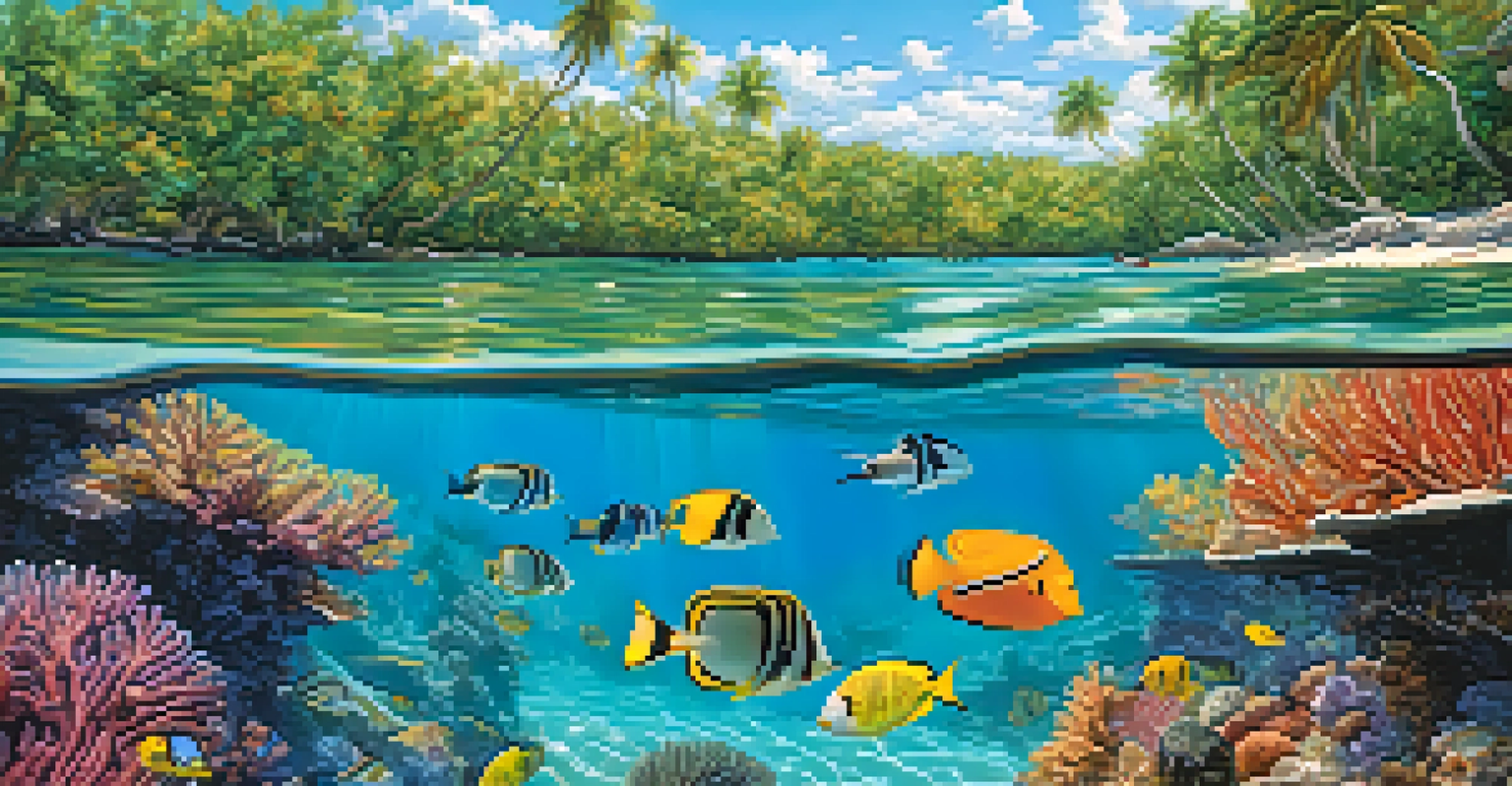 Snorkelers exploring a coral reef in the Florida Keys with colorful fish and palm trees above.