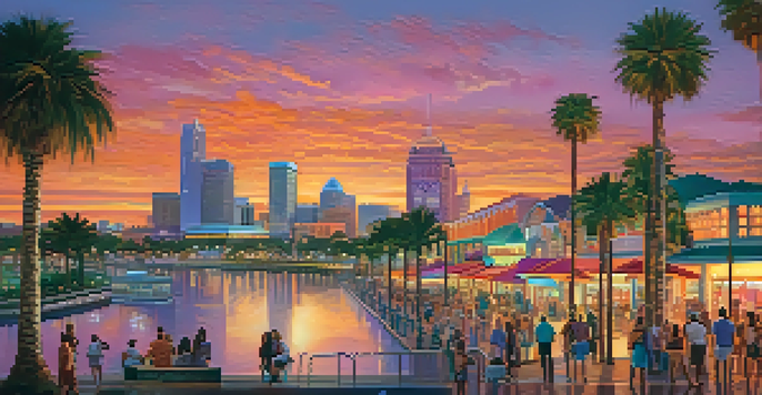 A sunset view of Orlando's skyline with theme parks and palm trees in the foreground.