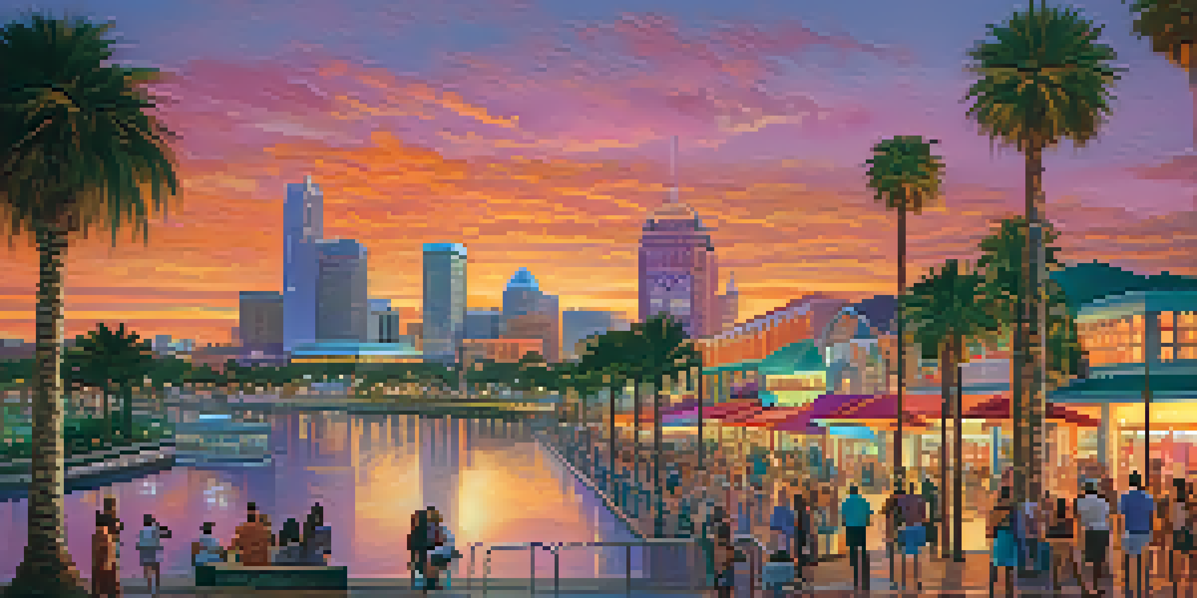 A sunset view of Orlando's skyline with theme parks and palm trees in the foreground.