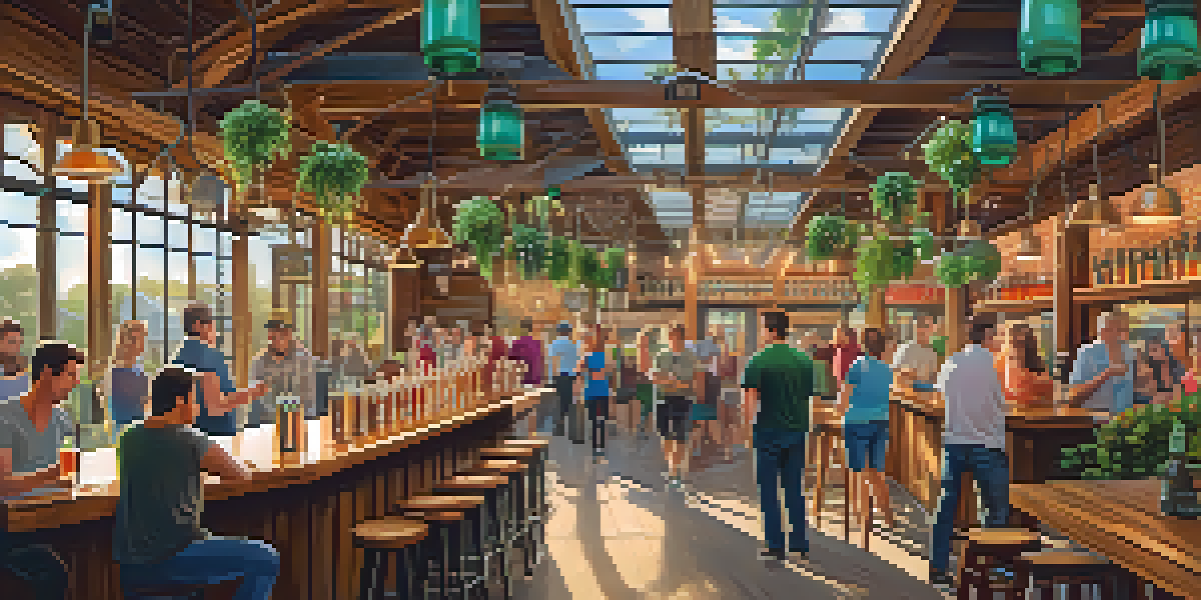 A lively craft brewery in Orlando with colorful beer taps, patrons outside enjoying drinks, and a rustic interior with plants and fairy lights.
