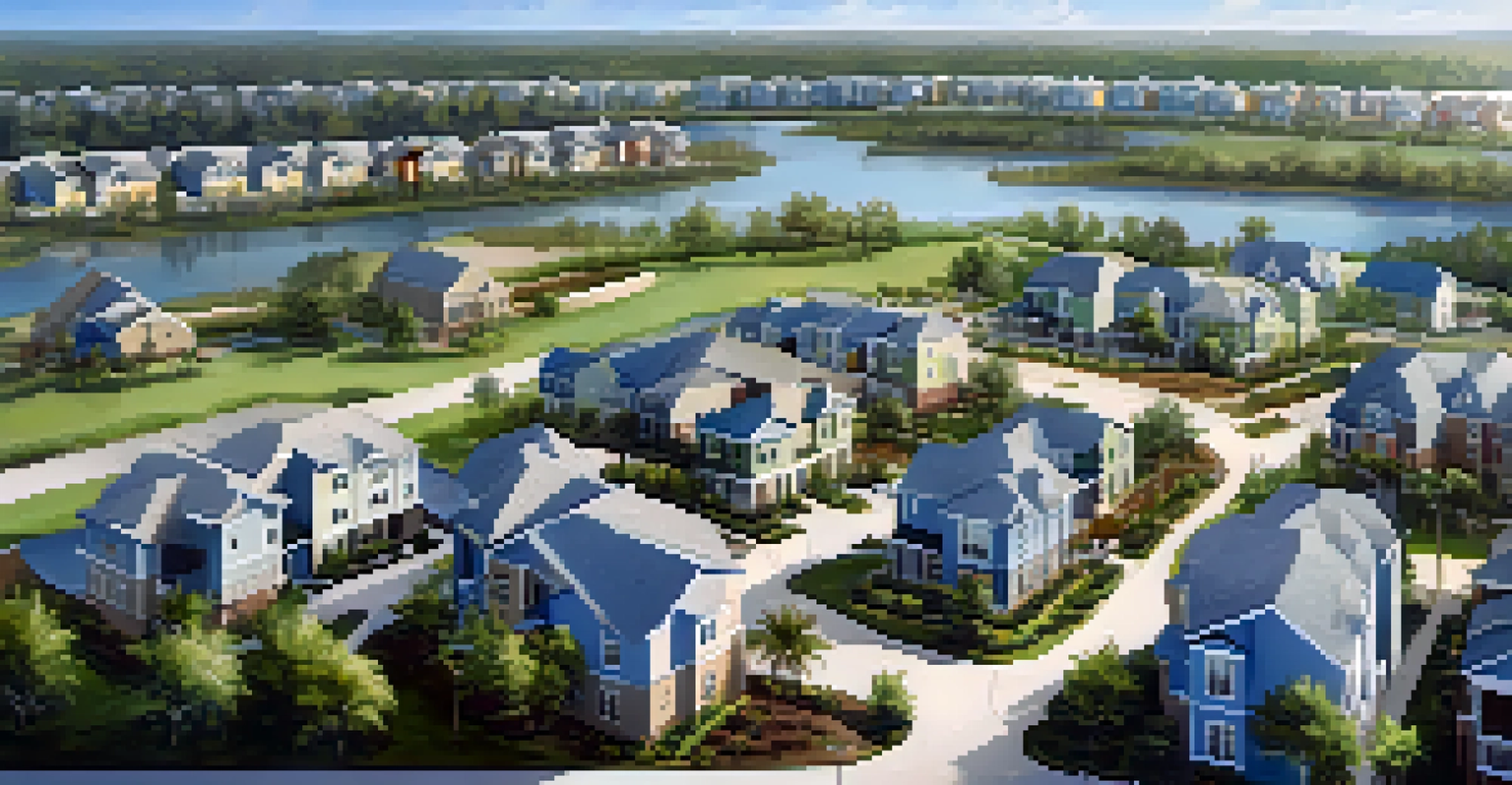 An aerial view of a housing development in Orlando, showing under-construction homes and construction cranes amidst greenery.