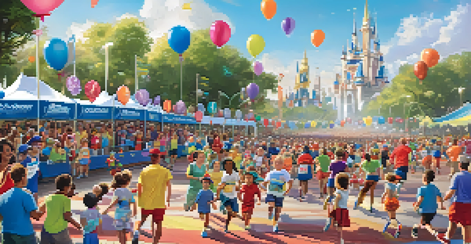 Families running in a themed marathon event with Disney characters and festive decorations.
