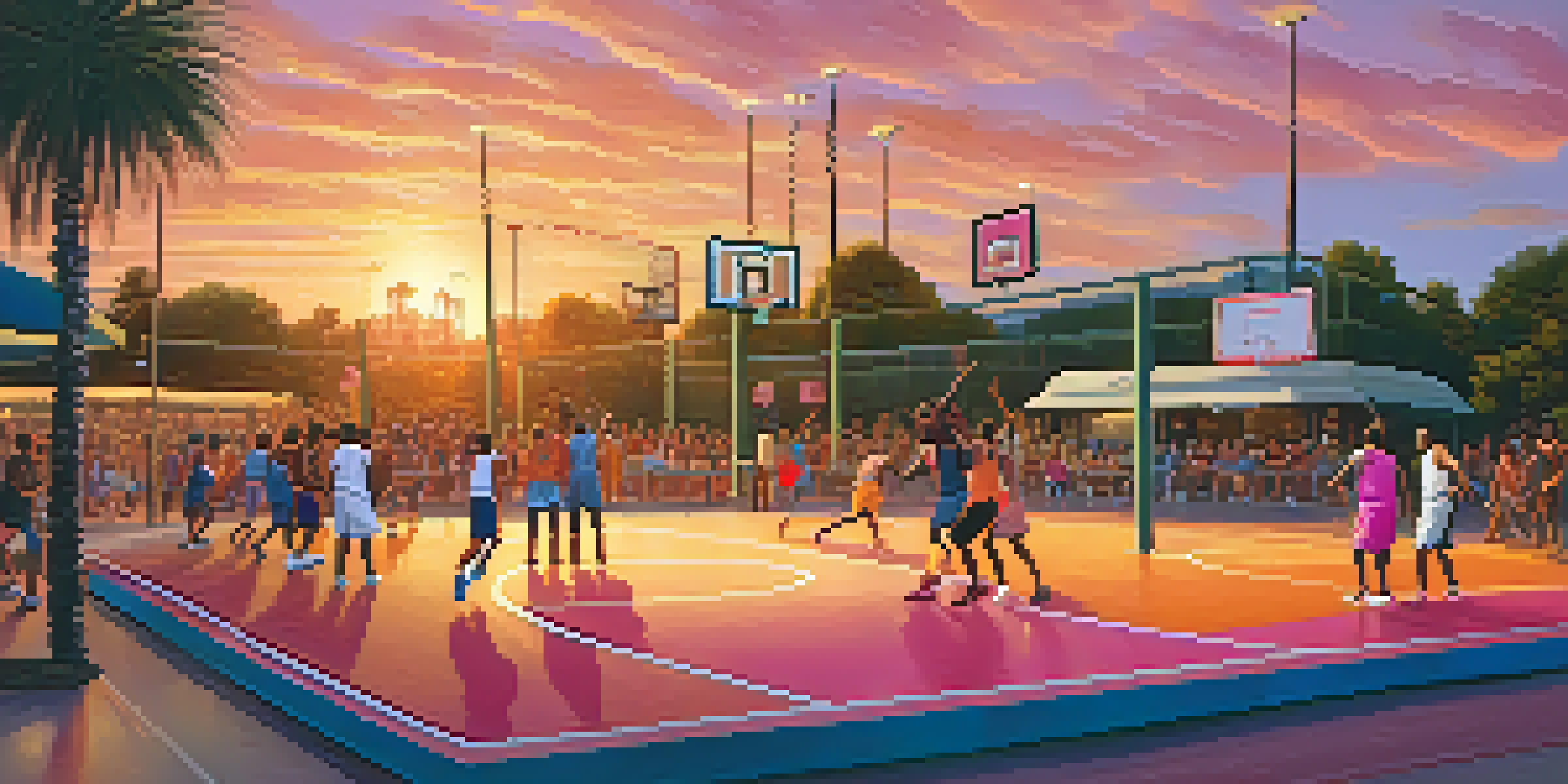 A lively basketball court in Orlando at sunset, with players engaged in a pickup game and spectators cheering, surrounded by palm trees.