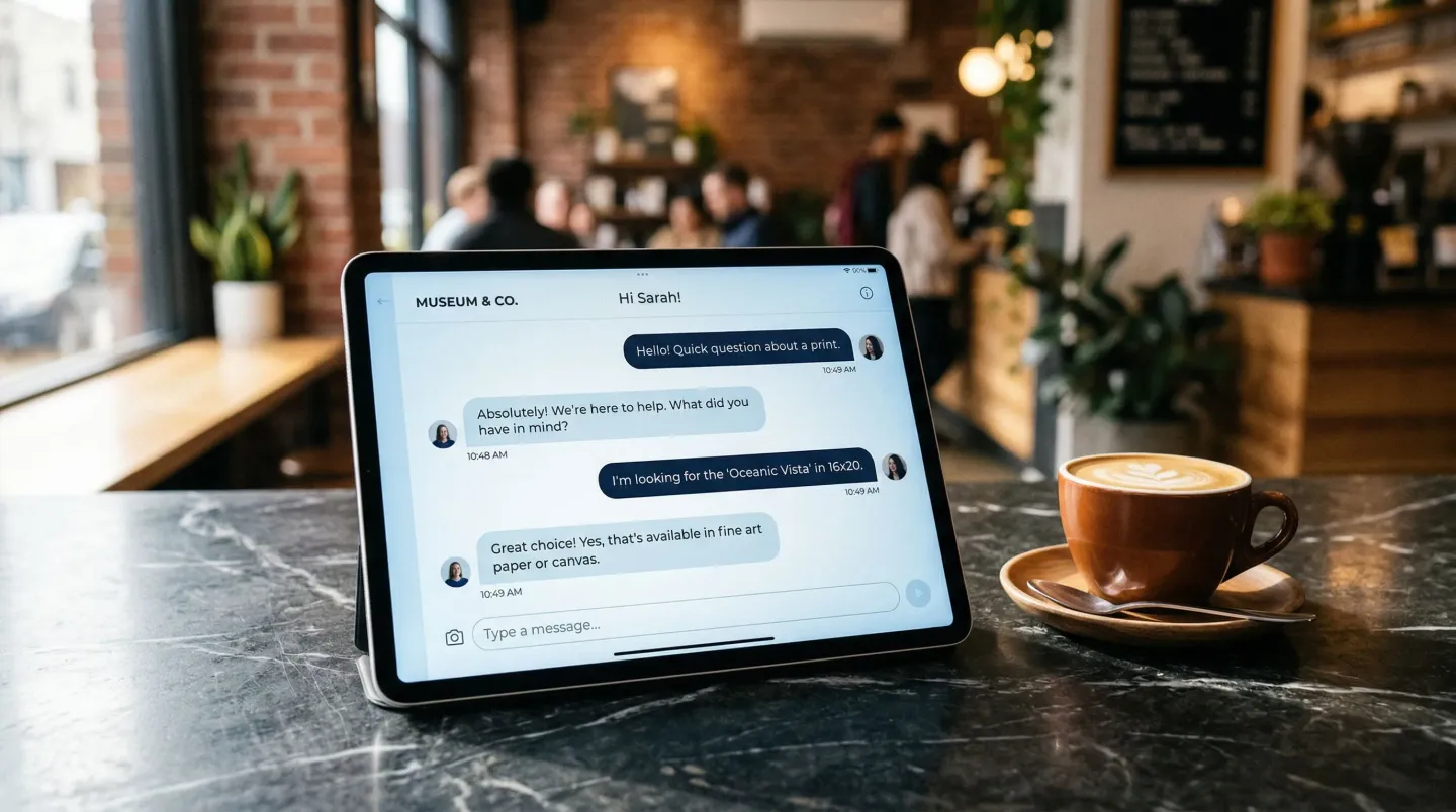 Tablet displaying AI chatbot conversation interface for business customer service