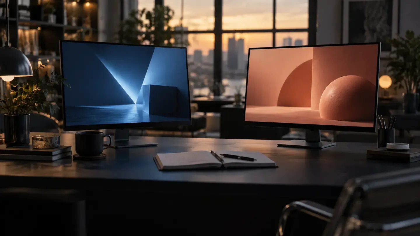 Two monitors and a notebook on a dark studio desk suggest comparing different approaches to an AI project.