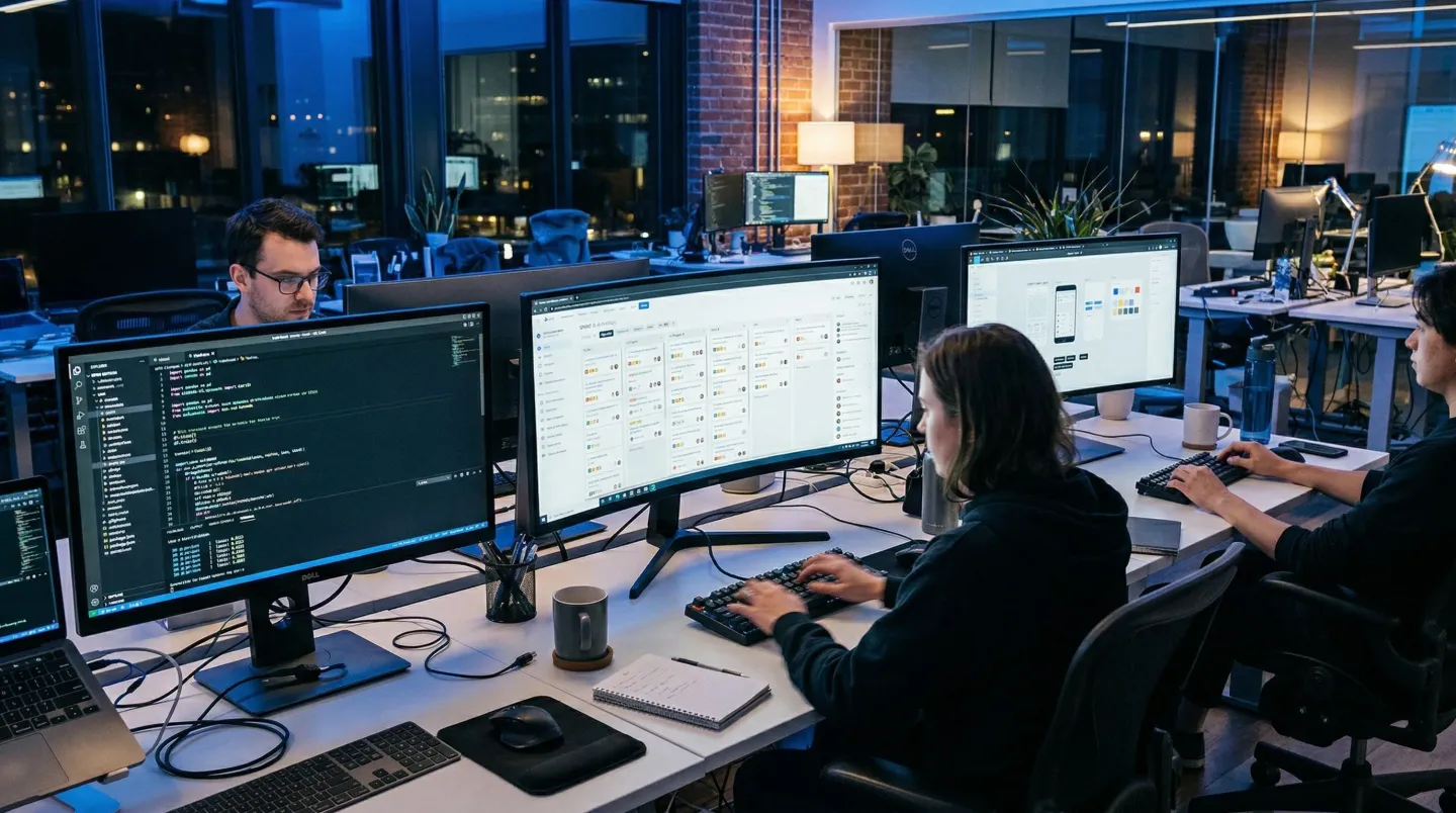 Toronto AI agency team workspace with multiple screens showing code and project management