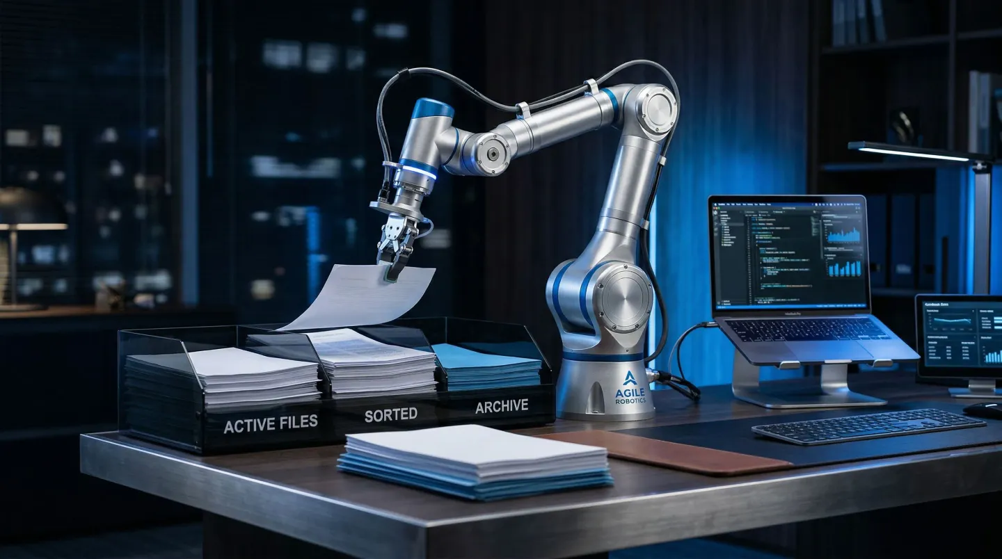 Robotic arm sorting documents representing AI workflow automation for small business