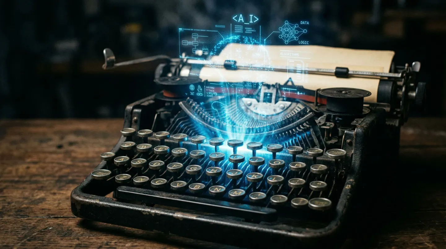 Vintage typewriter with holographic light representing prompt engineering for business AI