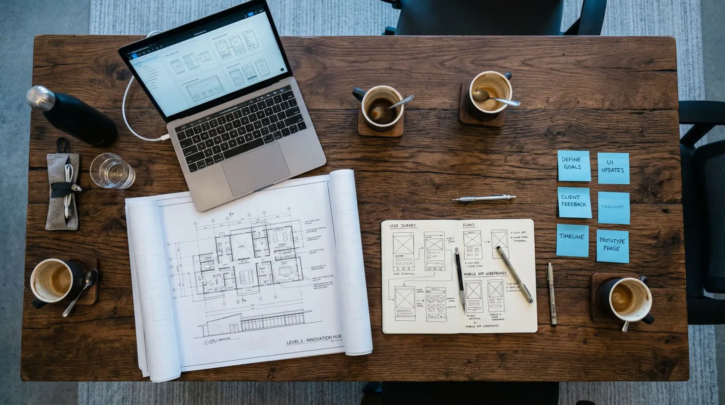 Strategy meeting table with wireframes and laptop for web development agency selection in Toronto