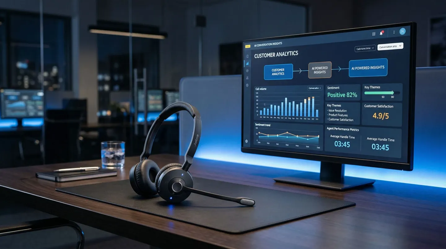 Customer service headset next to analytics screen for AI-powered customer experience