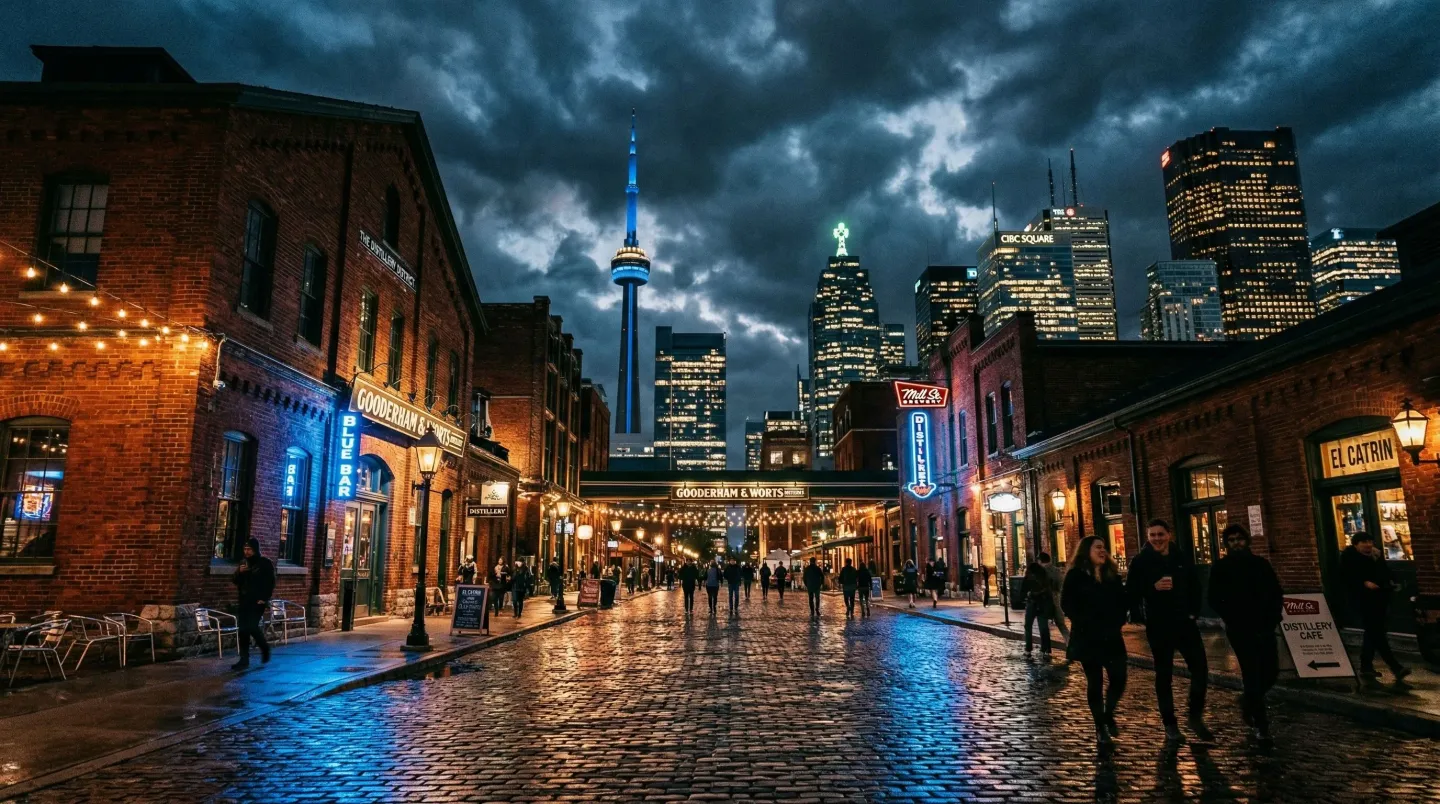 Toronto Distillery District at night blending historic architecture with modern tech representing Canadian AI ecosystem
