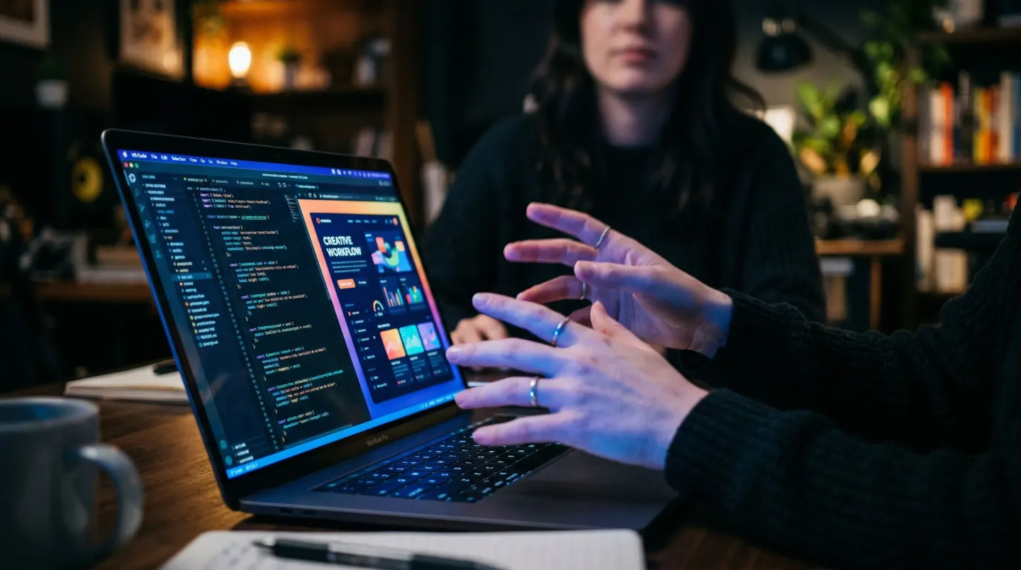 Hands gesturing in front of laptop building a web app with AI and no coding experience