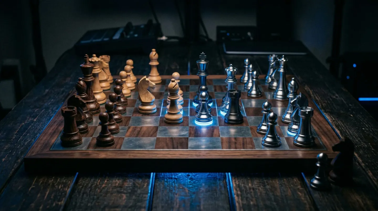 Chess board with traditional and futuristic pieces representing AI agent strategy and decision making