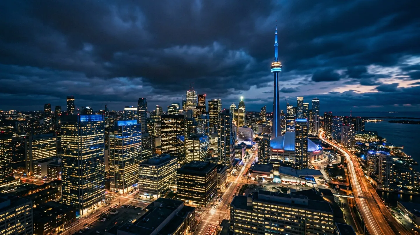 Toronto financial district skyline at blue hour representing AI strategy for Canadian businesses