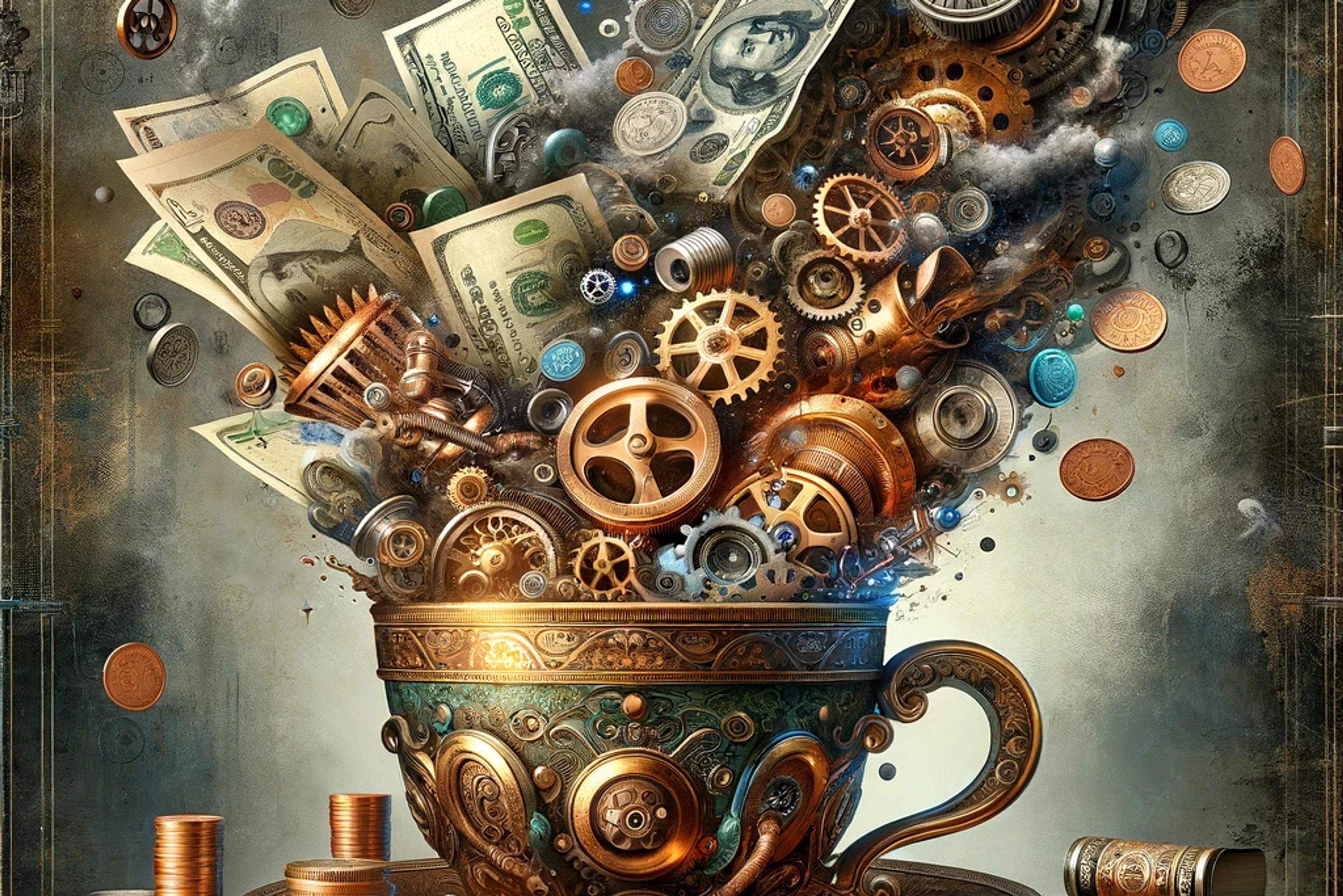 KI-generert bilde av kaffekopp full av penger og kompetanse