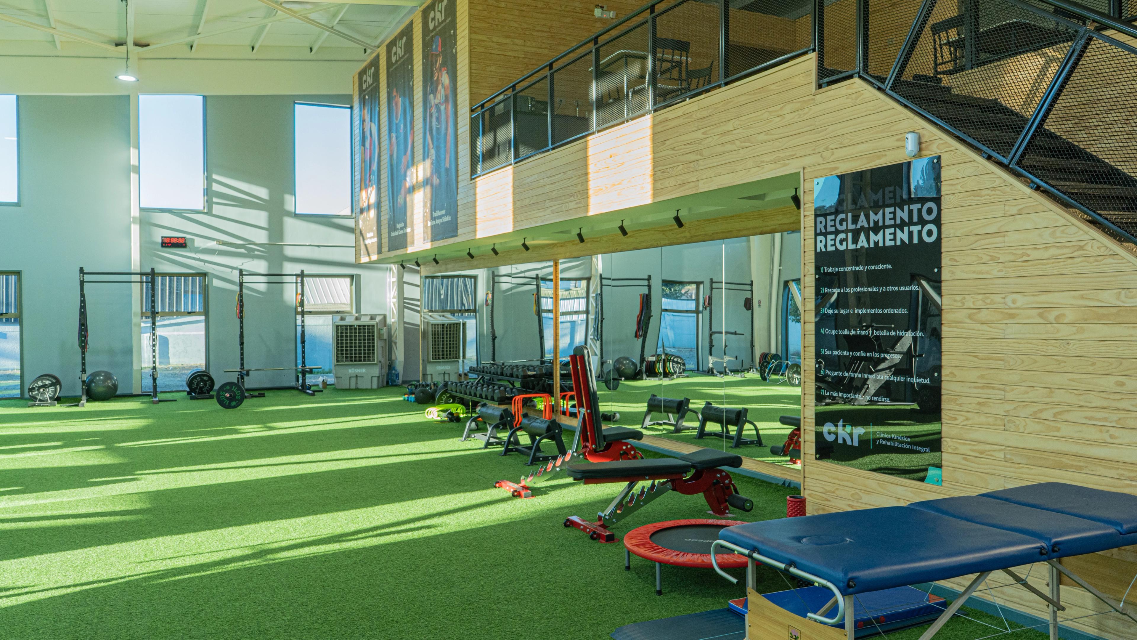 Gimnasio luminoso y espacioso con suelo de césped artificial, equipamiento deportivo, carteles instructivos y grandes ventanas que dejan entrar la luz natural.