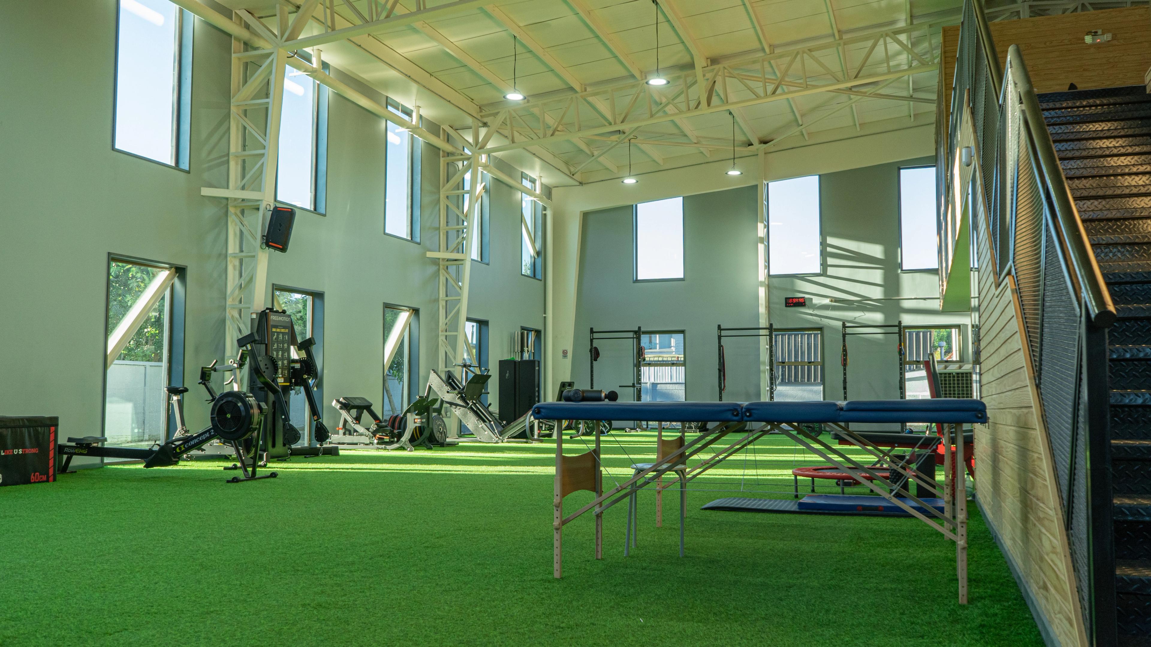 Gimnasio espacioso con techos altos, grandes ventanas y suelo de césped artificial. El equipamiento incluye máquinas de remo y pesas. Ambiente luminoso y aireado.