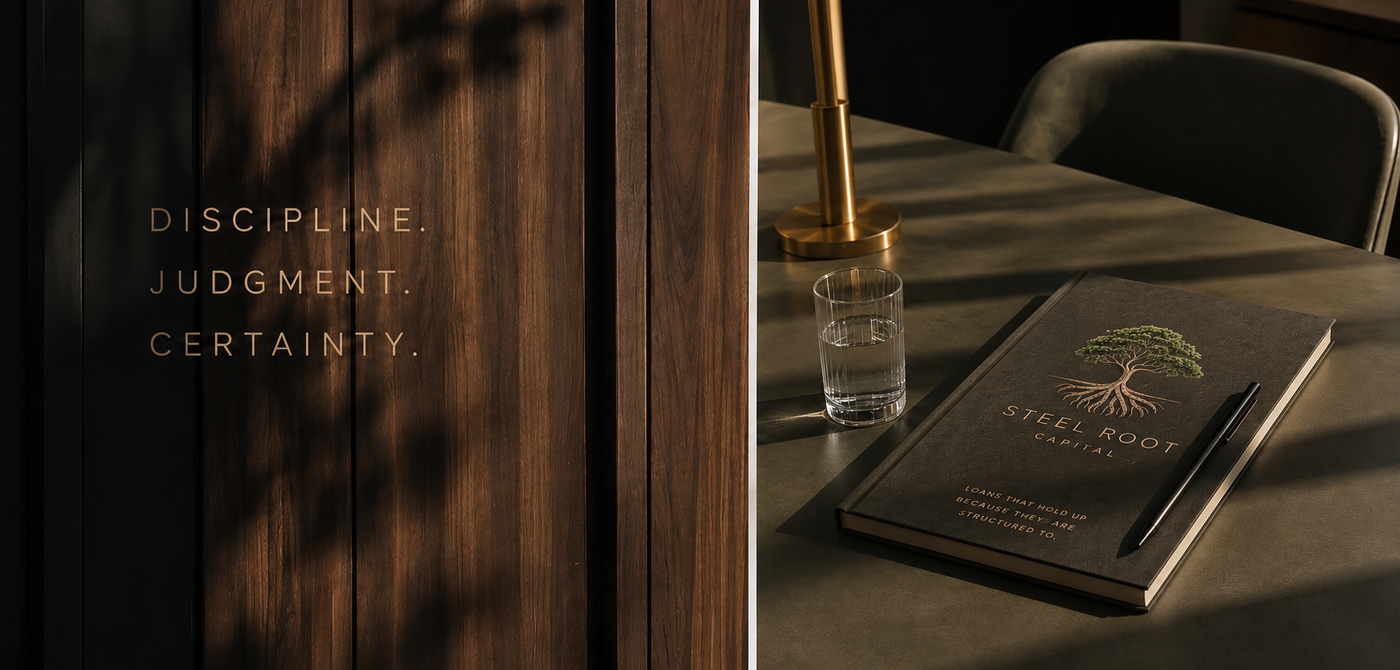 A dark wooden panel with the words 'Discipline. Judgment. Certainty.' printed on it, beside a table with a glass of water, a black pen, a closed book titled Steel Root Capital with a tree logo, and a gold desk lamp.