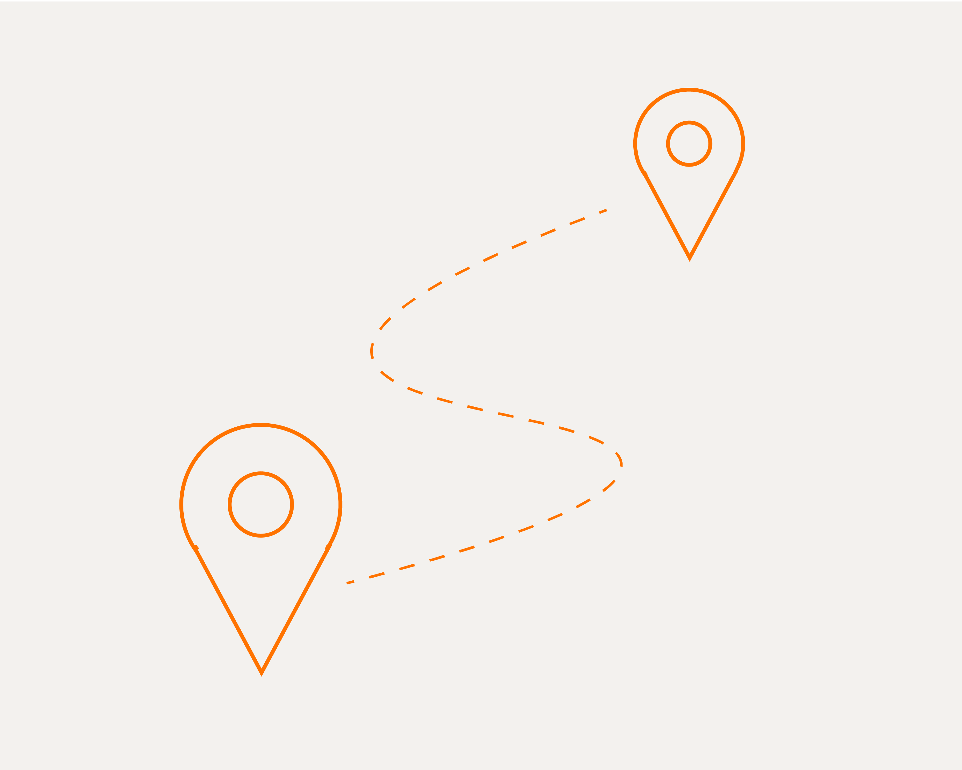 Graphic of location pins connected by a dotted curvy line ("the road")